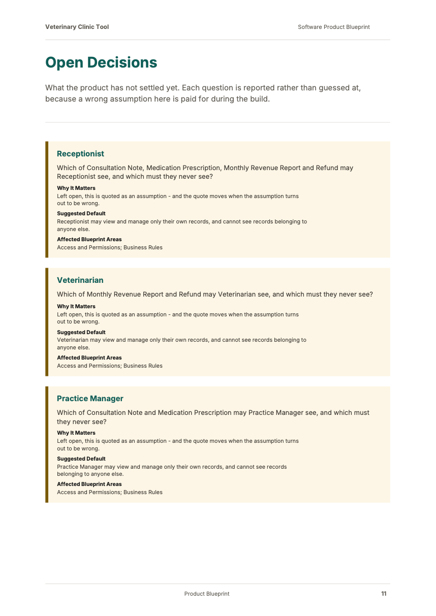 The Open Decisions page of the Veterinary Clinic Tool Blueprint